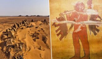 Ancient mural painting in the Nubian pyramids depicting a ‘Giant’ carrying two elephants!!